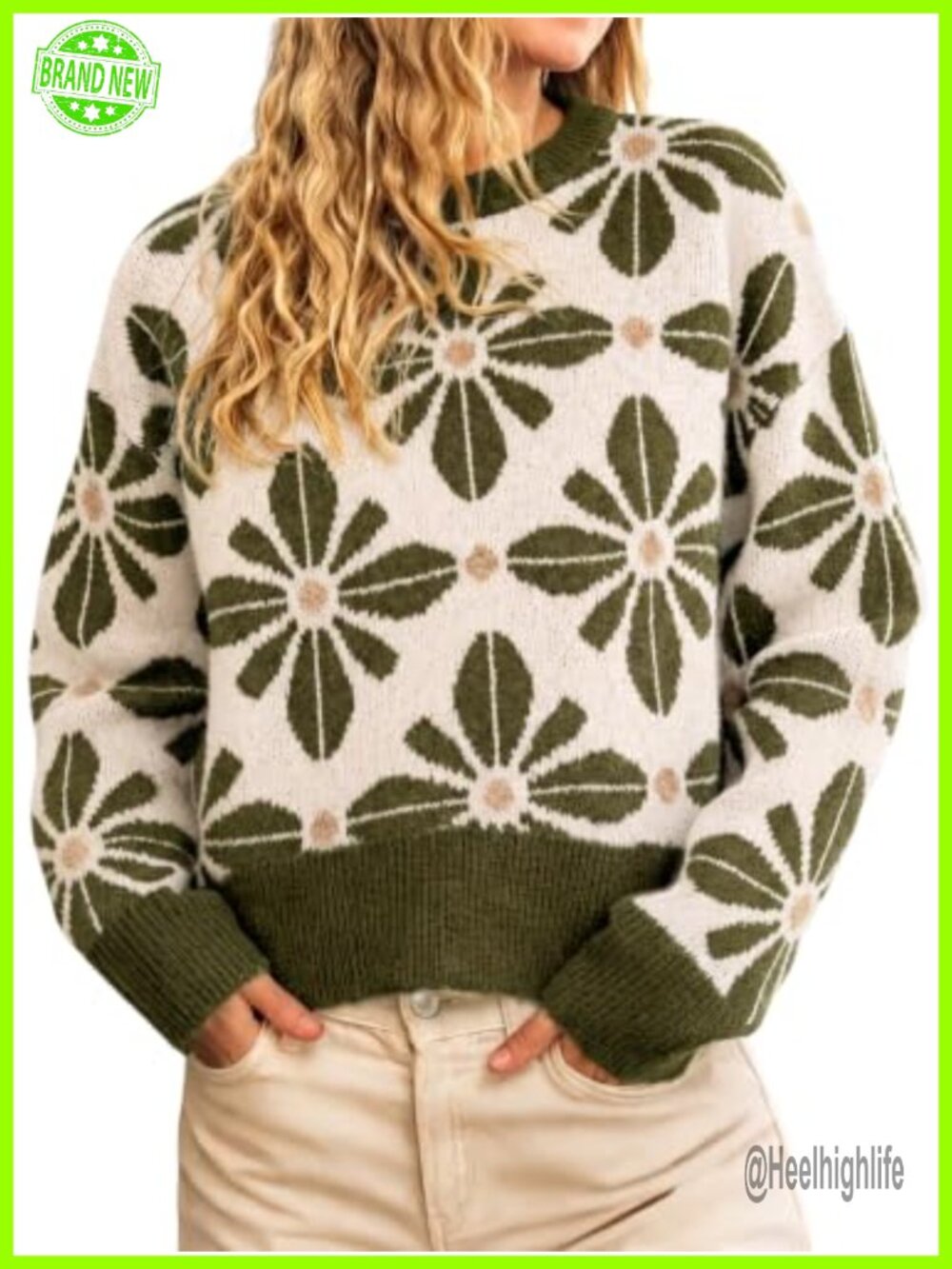 Womens Long Sleeve Floral Sweater Crew Neck Pullover Knit Top Loose Fit